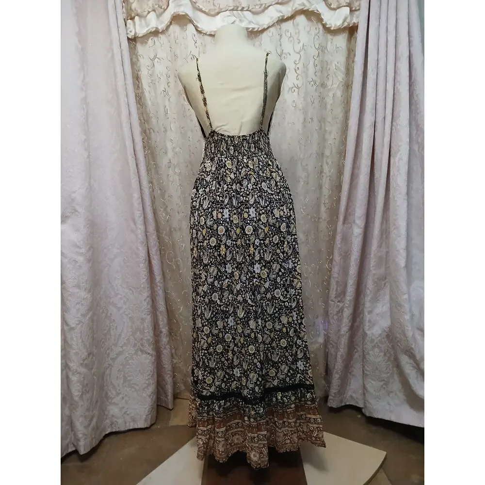 Forever 21 Crochet Floral Sundress‎ L Black Babydoll Maxi Festival Hippie Gypsy